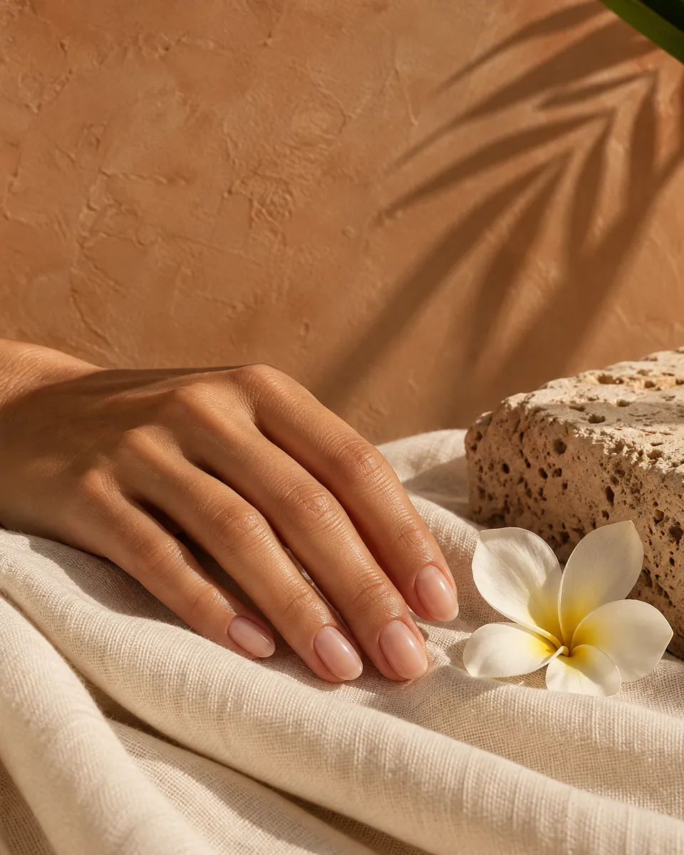 Mano con manicure nude su lino color avorio e fiore tropicale